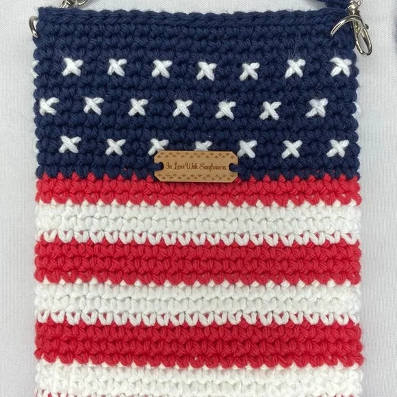 Womens Crossbody Lined Crochet Phone Bag Purse - 4th of July - USA flag - Picture 8 of 11